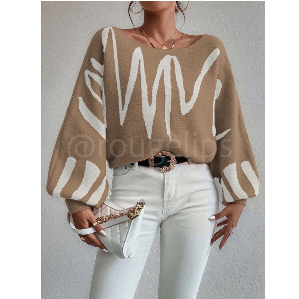 Knit Graphic Pullover Sweater Off White Tan Camel Bishop Sleeve - Picture 2 of 11